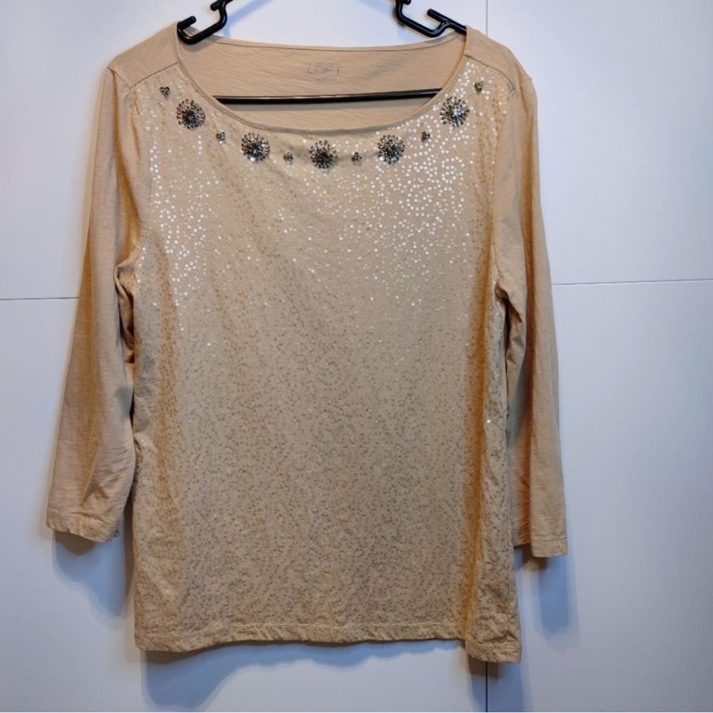 LOFT Embellished Sequin Jewel Neck 3/4 Sleeve Top Large